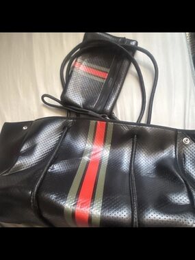 HAUTE SHORE Black Tote with Red and Olive Center Stripes